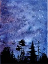 Watercolor landscape with starry sky and forest. Beautiful postcard.